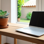 ** A serene workspace with a minimalist design. Natural light streams in, illuminating a desk with a laptop (closed), a small succulent plant, and a glass of water. Soft pastel colors dominate the scene. In the background, a blurred view of a peaceful garden. The overall feeling should be tranquility and focus. Keywords: *Rustige werkplek, minimalistisch design, natuurlijk licht, focus, kalmte.*

**