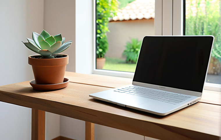 ** A serene workspace with a minimalist design. Natural light streams in, illuminating a desk with a laptop (closed), a small succulent plant, and a glass of water. Soft pastel colors dominate the scene. In the background, a blurred view of a peaceful garden. The overall feeling should be tranquility and focus. Keywords: *Rustige werkplek, minimalistisch design, natuurlijk licht, focus, kalmte.*
**