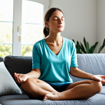 An adult individual in modest, comfortable home attire, sitting calmly in a sunlit, tidy living room. The person is gently stretching or taking a deep, mindful breath, with no electronic devices visible in the scene. The atmosphere is peaceful and serene, focusing on a quiet awakening and digital detox. fully clothed, appropriate attire, safe for work, professional, perfect anatomy, correct proportions, natural pose, well-formed hands, proper finger count, natural body proportions, professional photography, high quality, appropriate content.