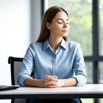 A professional adult in a modest business casual outfit, sitting composedly at a clean, modern office desk. Their eyes are gently closed, and their hands are resting calmly on their lap, subtly indicating a moment of conscious breathing for stress reduction. The background features a blurred, calm office environment with soft, diffused natural light. The overall atmosphere is one of peaceful focus and serenity. perfect anatomy, correct proportions, natural pose, well-formed hands, proper finger count, natural body proportions, professional photography, high quality, realistic, safe for work, appropriate content, fully clothed, professional, modest.