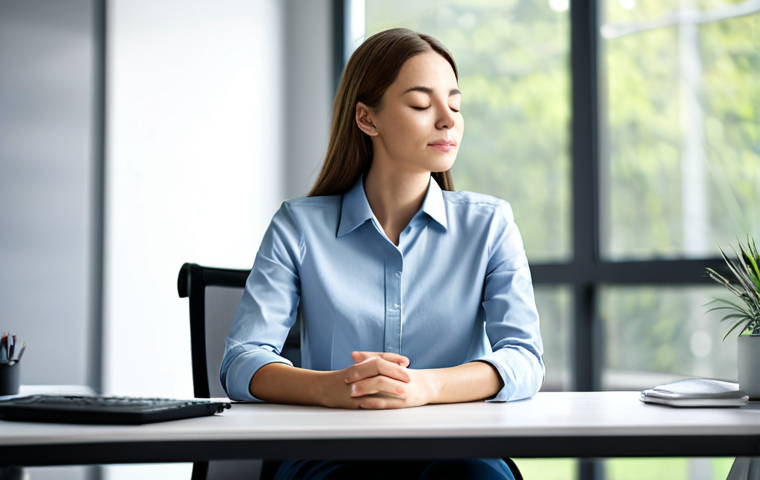 A professional adult in a modest business casual outfit, sitting composedly at a clean, modern office desk. Their eyes are gently closed, and their hands are resting calmly on their lap, subtly indicating a moment of conscious breathing for stress reduction. The background features a blurred, calm office environment with soft, diffused natural light. The overall atmosphere is one of peaceful focus and serenity. perfect anatomy, correct proportions, natural pose, well-formed hands, proper finger count, natural body proportions, professional photography, high quality, realistic, safe for work, appropriate content, fully clothed, professional, modest.