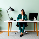 A professional individual, fully clothed in modest business casual attire, sitting calmly in a meticulously organized and minimalist home office. The space features clean lines, warm, diffused lighting, and a few strategically placed green plants enhancing air quality. Natural wood textures and soft, calming color accents (like muted greens and blues) are present. There are no distracting digital devices visible. The scene conveys a sense of peaceful productivity and mental clarity. safe for work, appropriate content, fully clothed, professional, perfect anatomy, correct proportions, natural pose, well-formed hands, proper finger count, natural body proportions, professional photography, high quality.