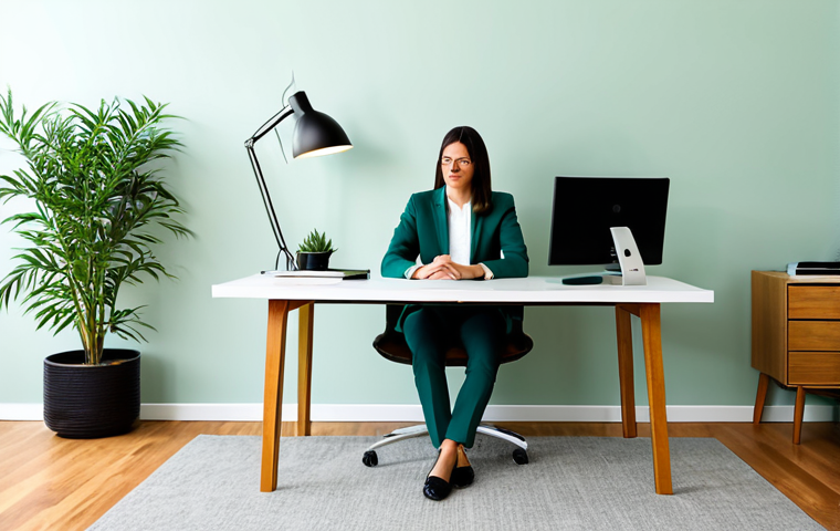 A professional individual, fully clothed in modest business casual attire, sitting calmly in a meticulously organized and minimalist home office. The space features clean lines, warm, diffused lighting, and a few strategically placed green plants enhancing air quality. Natural wood textures and soft, calming color accents (like muted greens and blues) are present. There are no distracting digital devices visible. The scene conveys a sense of peaceful productivity and mental clarity. safe for work, appropriate content, fully clothed, professional, perfect anatomy, correct proportions, natural pose, well-formed hands, proper finger count, natural body proportions, professional photography, high quality.
