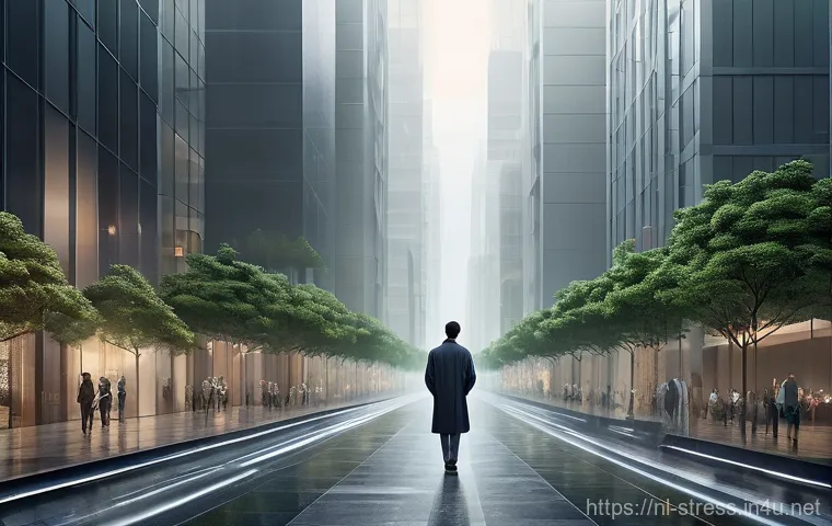 스트레스 해소법  전문가의 도움 받기 - **Prompt:** A young adult, dressed in neat, everyday attire, stands in a bustling, subtly abstract c...