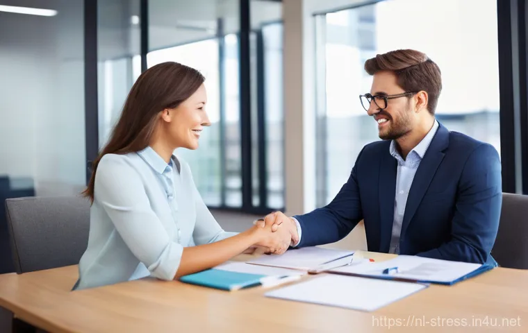 스트레스 해소법  전문가의 도움 받기 - **Prompt:** A young adult, dressed in neat, everyday attire, stands in a bustling, subtly abstract c...