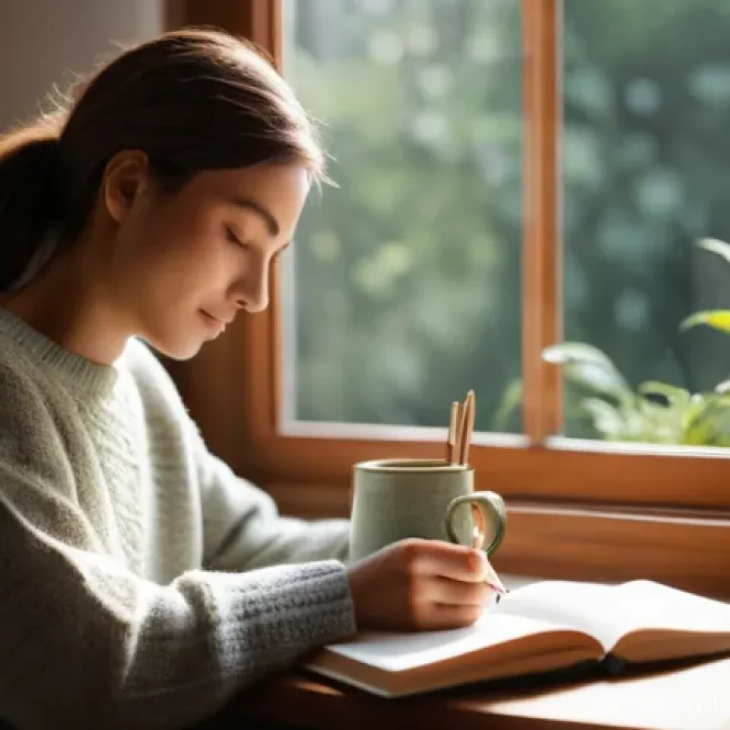 스트레스 해소법 긍정적인 생각 기법 - **Prompt:** A serene and cozy indoor scene with soft, warm lighting. A person of indeterminate gende...