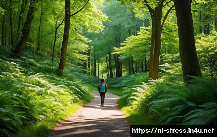 스트레스 해소법  신체와 정신 모두 해소 - **Prompt for Movement in Nature:**
    "A vibrant, eye-level shot of an adult individual, appearing ...