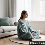 Home 19 스트레스 해소법 음악 추천 - **Prompt:** A serene, minimalist living room in a modern Dutch apartment, bathed in soft, diffused m...