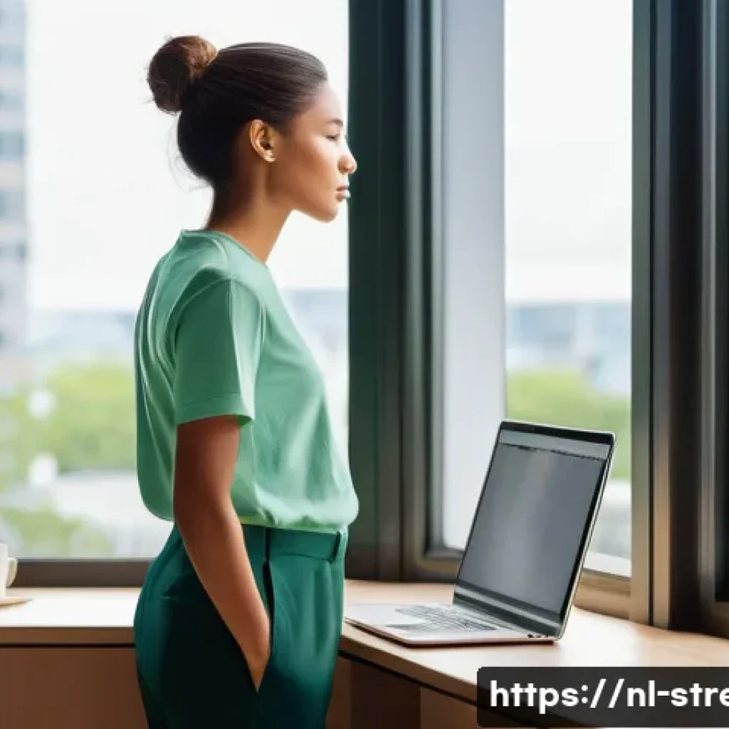 스트레스 해소를 위한 집중력 훈련 - **Prompt: "A person in their late 20s taking a short, refreshing break from work. They are standing ...