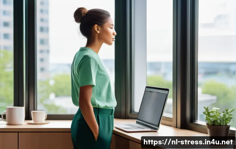 스트레스 해소를 위한 집중력 훈련 - **Prompt: "A person in their late 20s taking a short, refreshing break from work. They are standing ...