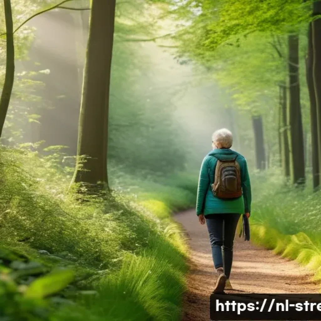 스트레스 해소를 위한 가벼운 산책 - A serene forest trail in the Netherlands during early morning light, lush green trees with sunlight ...