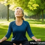 스트레스 해소법  몸과 마음을 하나로 - A serene outdoor scene of a middle-aged Dutch woman practicing deep breathing exercises in a lush gr...