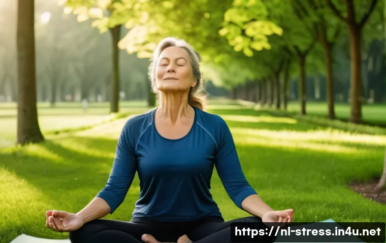 스트레스 해소법  몸과 마음을 하나로 - A serene outdoor scene of a middle-aged Dutch woman practicing deep breathing exercises in a lush gr...