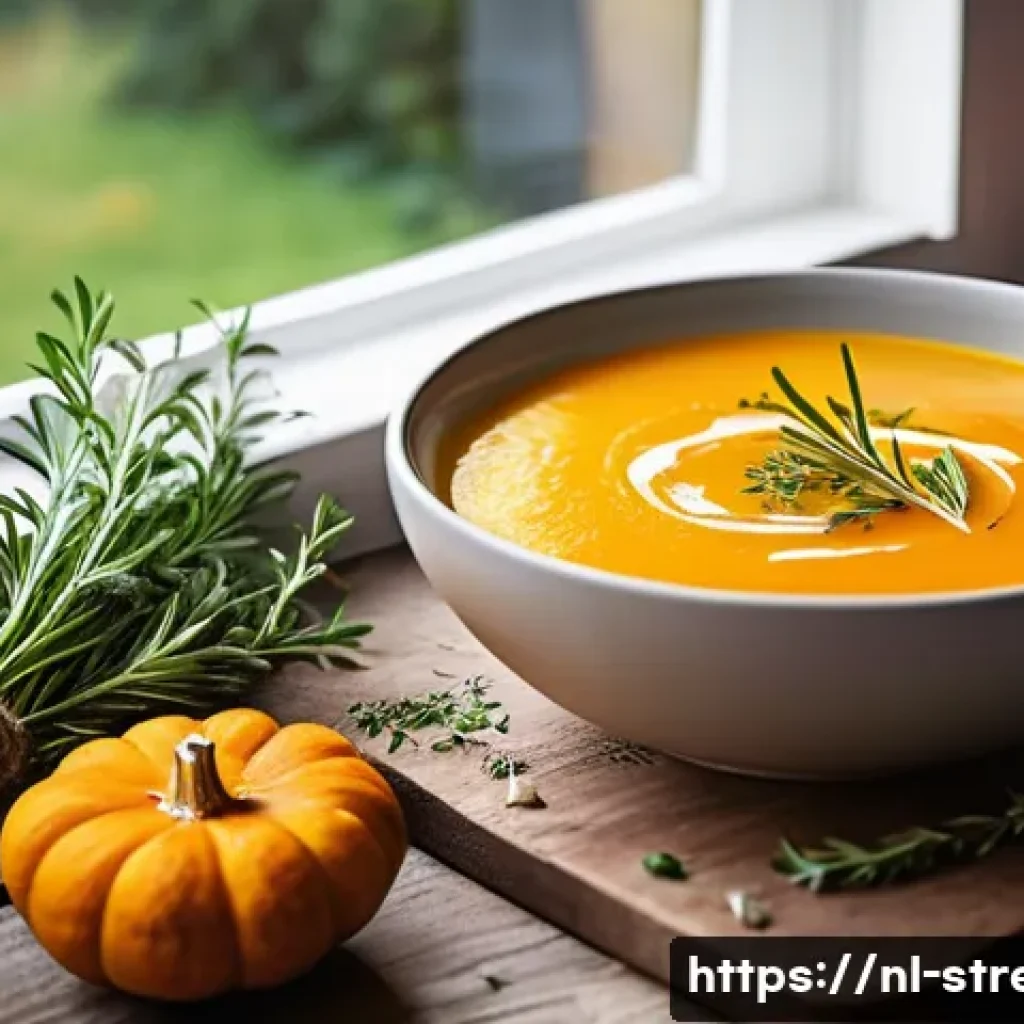 스트레스 해소를 위한 음식   수프와 스무디 - A cozy Dutch kitchen scene with a steaming bowl of homemade pumpkin soup on a rustic wooden table, s...