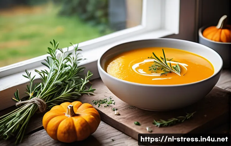 스트레스 해소를 위한 음식   수프와 스무디 - A cozy Dutch kitchen scene with a steaming bowl of homemade pumpkin soup on a rustic wooden table, s...