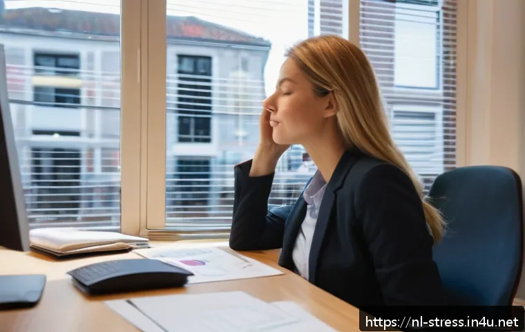 스트레스 해소를 위한 명상과 심호흡 - A serene office setting in the Netherlands during a busy workday, featuring a calm young professiona...