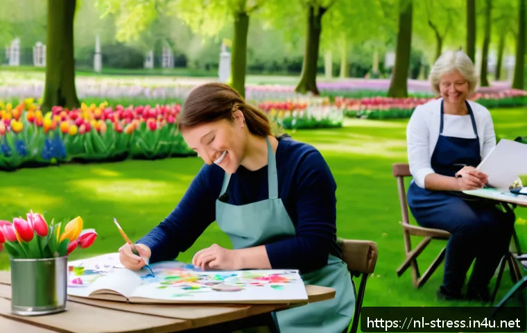 스트레스 해소에 좋은 취미 생활 - A serene outdoor scene featuring a diverse group of adults engaged in a creative painting workshop i...