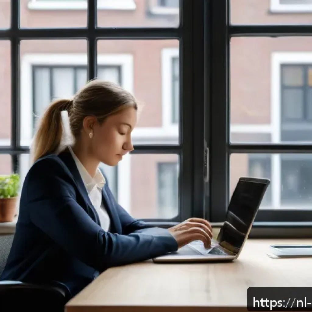 스트레스 해소를 위한 사소한 행복 찾기 - A serene office scene in Amsterdam during a busy workday, featuring a young professional sitting at ...