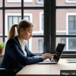 스트레스 해소를 위한 사소한 행복 찾기 - A serene office scene in Amsterdam during a busy workday, featuring a young professional sitting at ...