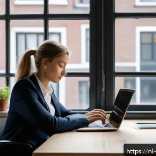 스트레스 해소를 위한 사소한 행복 찾기 - A serene office scene in Amsterdam during a busy workday, featuring a young professional sitting at ...