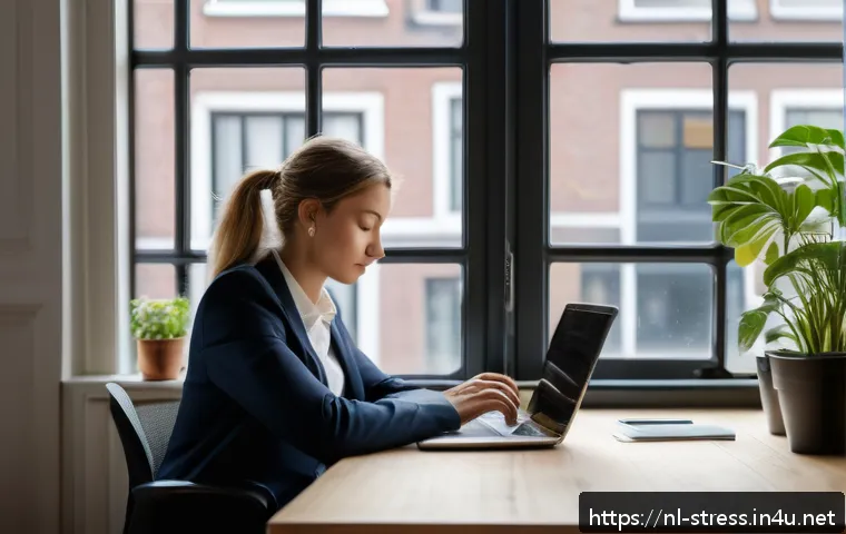스트레스 해소를 위한 사소한 행복 찾기 - A serene office scene in Amsterdam during a busy workday, featuring a young professional sitting at ...