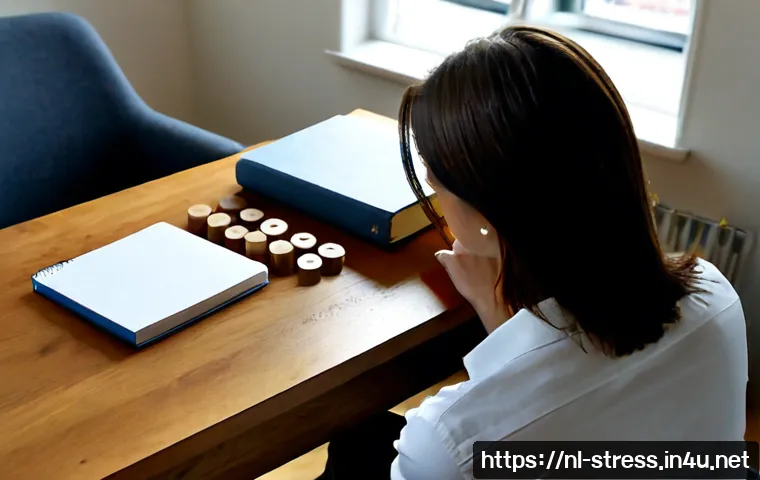 Home 17 스트레스 해소법 스트레스의 원인 분석하기 - Photorealistic Dutch professional in a calm Amsterdam apartment workspace, seated at a tidy wooden d...