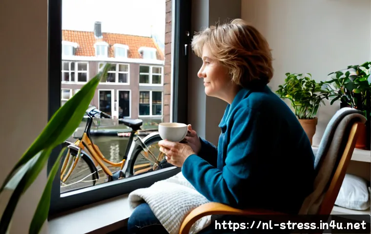 Home 17 스트레스 해소법 내면의 평화 찾기 - Photorealistic peaceful morning scene in a Dutch apartment, a relaxed middle-aged woman sitting comf...