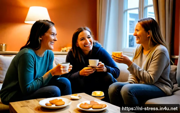Home 17 스트레스 해소를 위한 사람들과의 소통 - Photorealistic warm evening scene in a cozy Dutch living room, three diverse adult friends sitting i...