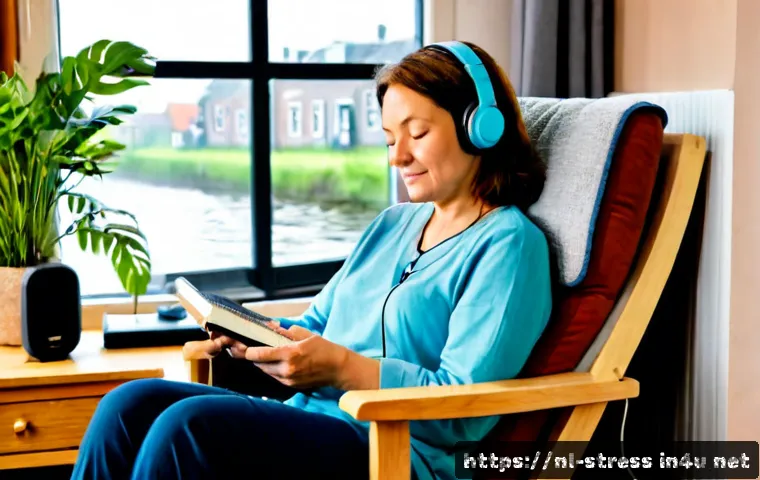 스트레스 해소 음악 - Photorealistic cozy Dutch living room at early evening, a relaxed middle-aged woman wearing comforta...