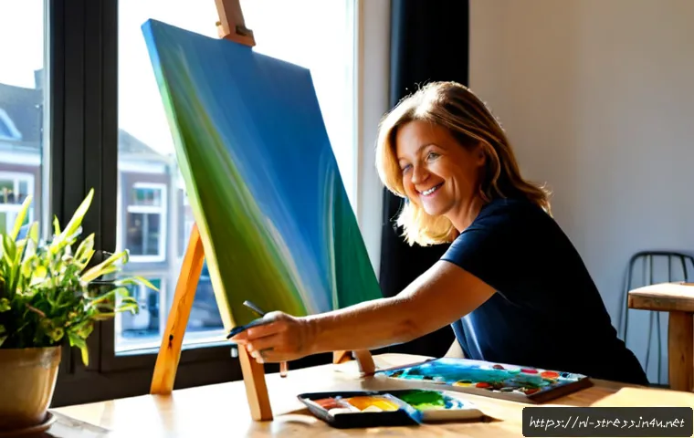 Home 17 스트레스 해소를 위한 창의적 활동 - Photorealistic Dutch woman in her 50s calmly painting a colorful abstract canvas at a sunlit kitchen...